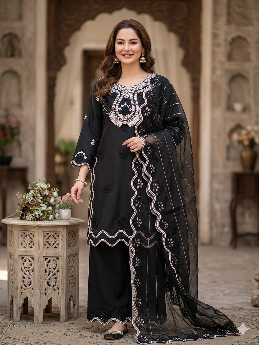 hania amir inspired this summer season wear pakistani suit with sequence embroidered cut worked top, plazzo and dupatta