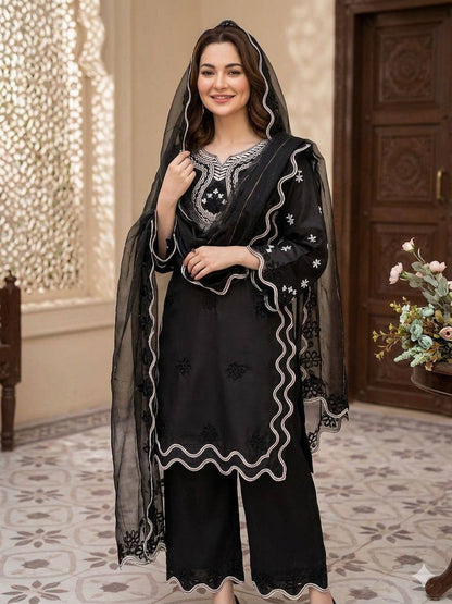 HANIA AMIR INSPIRED THIS SUMMER SEASON WEAR PAKISTANI SUIT WITH SEQUENCE EMBROIDERED CUT WORKED TOP, PLAZZO AND DUPATTA