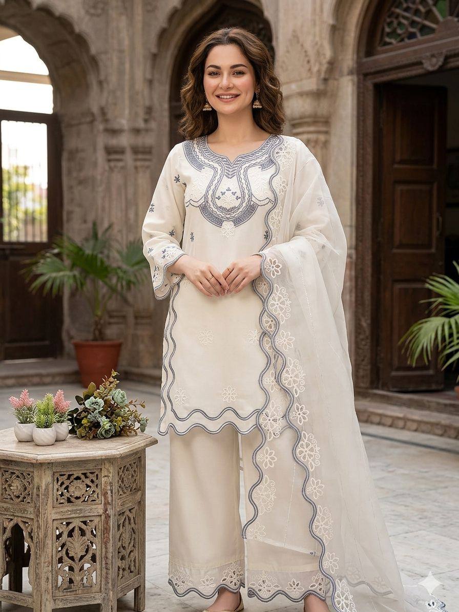 hania amir inspired this summer season wear pakistani suit with sequence embroidered cut worked top, plazzo and dupatta