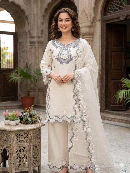 HANIA AMIR INSPIRED THIS SUMMER SEASON WEAR PAKISTANI SUIT WITH SEQUENCE EMBROIDERED CUT WORKED TOP, PLAZZO AND DUPATTA