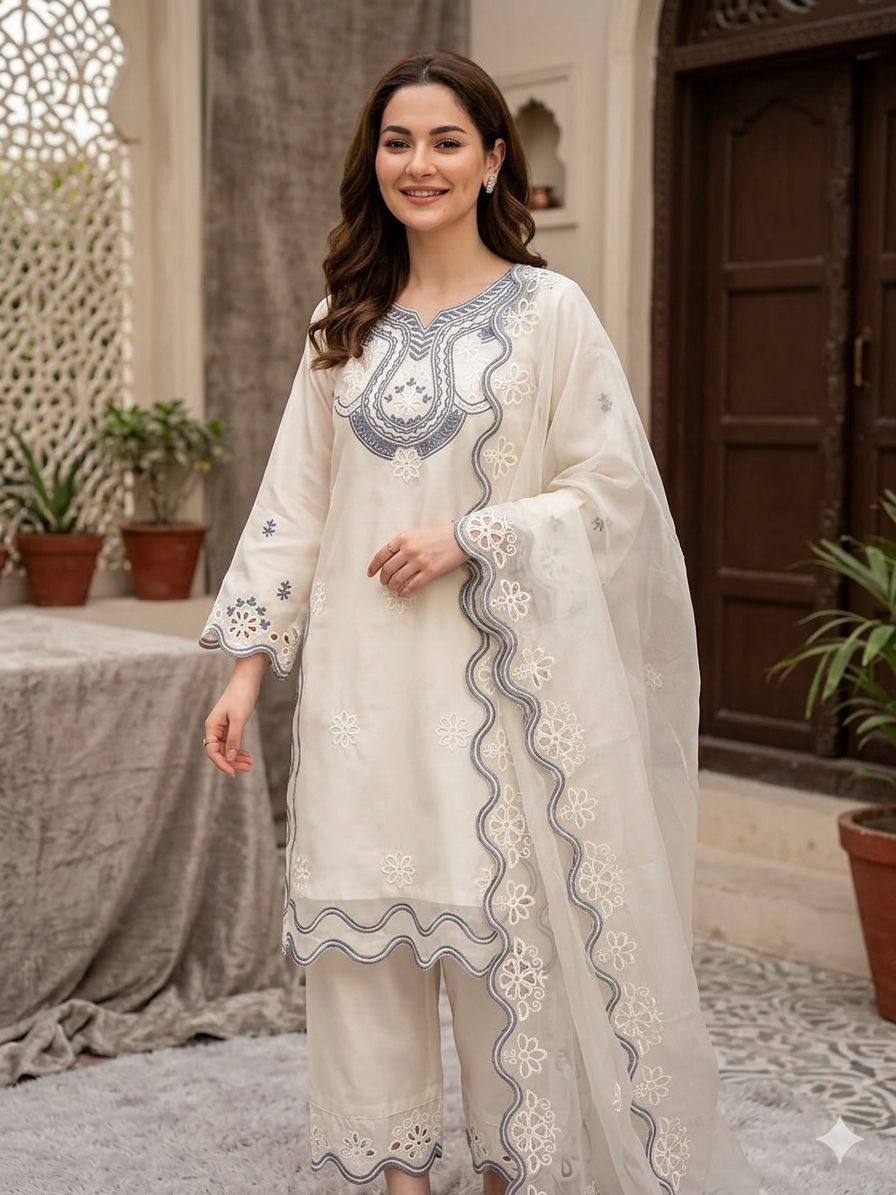 hania amir inspired this summer season wear pakistani suit with sequence embroidered cut worked top, plazzo and dupatta