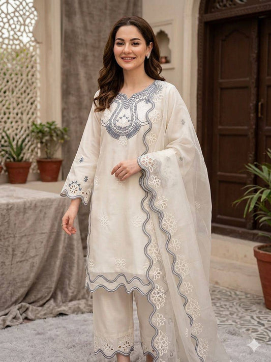 HANIA AMIR INSPIRED THIS SUMMER SEASON WEAR PAKISTANI SUIT WITH SEQUENCE EMBROIDERED CUT WORKED TOP, PLAZZO AND DUPATTA