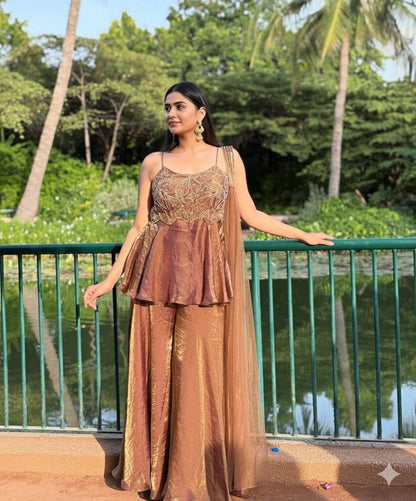 EXCLUSIVE AND TRENDY FOR WEDDING SEASON OUR SEQUENCE EMBROIDERED TOP, PLAZZO AND DUPATTA