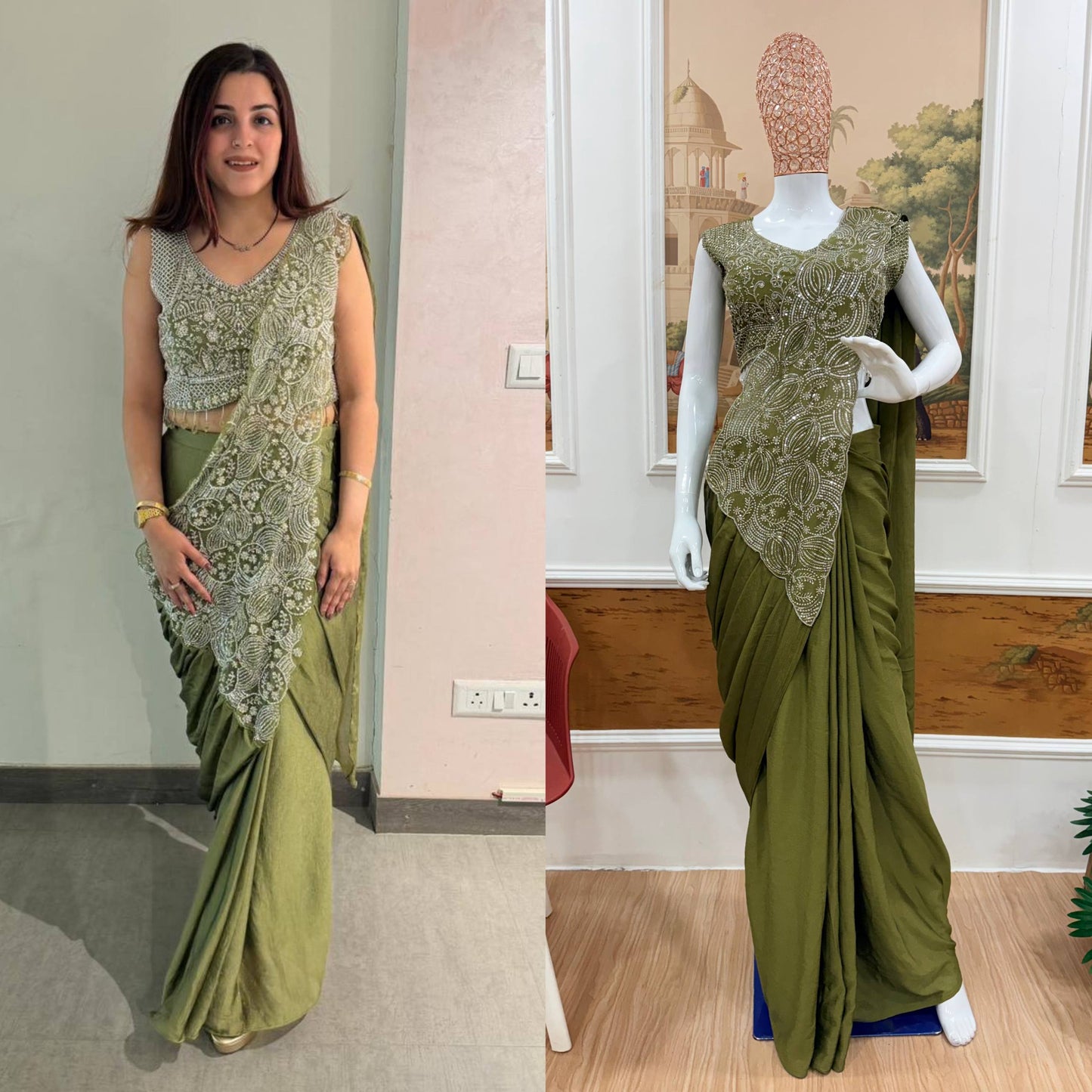 we are launching new superhit trending ready to wear saree with fully embroidered stylist blouse on  chinon fabric