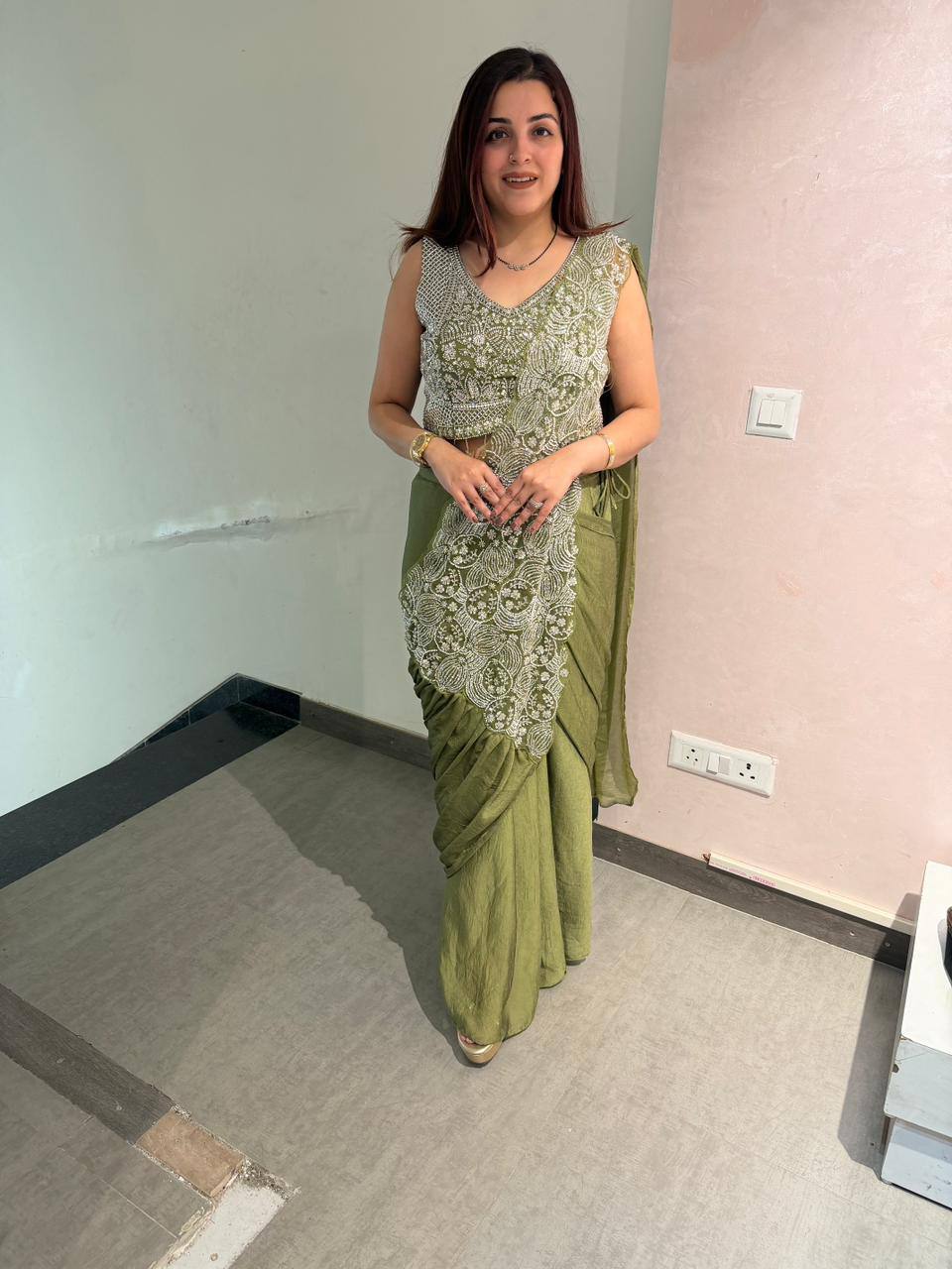 we are launching new superhit trending ready to wear saree with fully embroidered stylist blouse on  chinon fabric