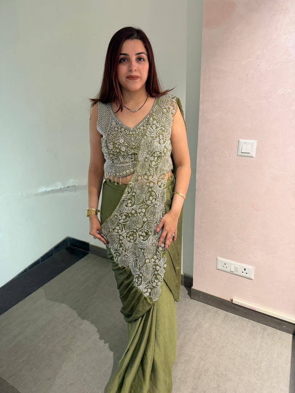 we are launching new superhit trending ready to wear saree with fully embroidered stylist blouse on  chinon fabric