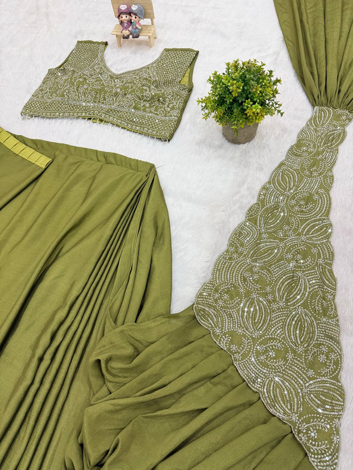 we are launching new superhit trending ready to wear saree with fully embroidered stylist blouse on  chinon fabric