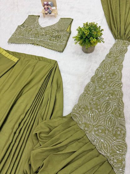 WE ARE LAUNCHING NEW SUPERHIT TRENDING READY TO WEAR SAREE WITH FULLY EMBROIDERED STYLIST BLOUSE ON  CHINON FABRIC