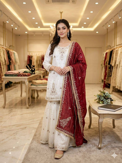 THIS WEDDING SEASON WEAR OUR SEQUENCE EMBROIDERED TOP, SARARA WITH DUPATTA