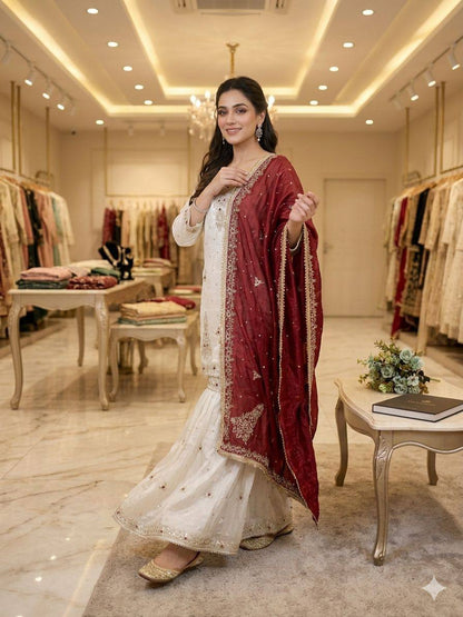 THIS WEDDING SEASON WEAR OUR SEQUENCE EMBROIDERED TOP, SARARA WITH DUPATTA