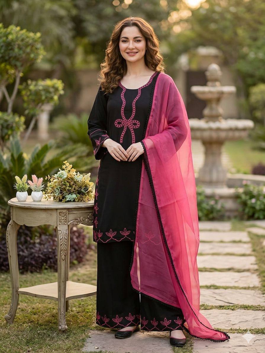 hania amir inspired this summer season wear pakistani suit with embroidered worked top, plazzo and dupatta