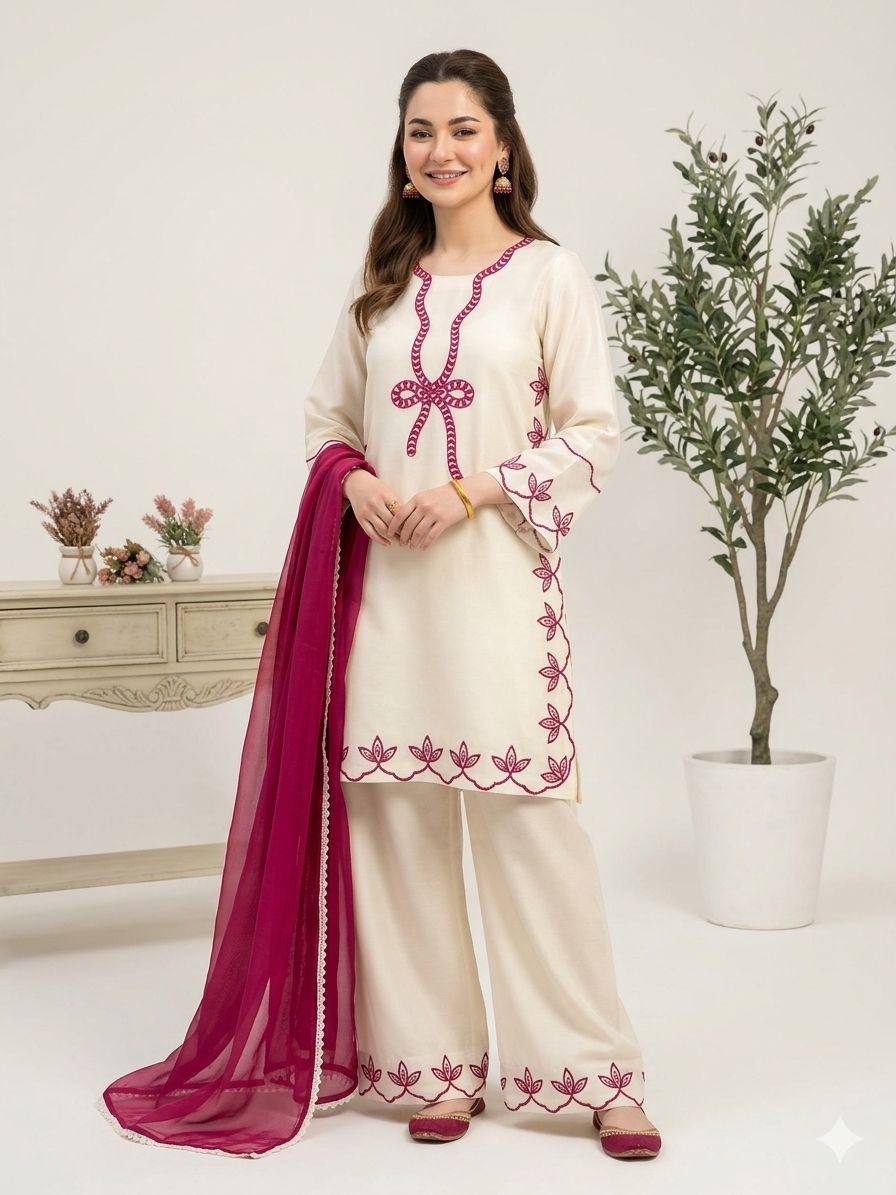 hania amir inspired this summer season wear pakistani suit with embroidered worked top, plazzo and dupatta