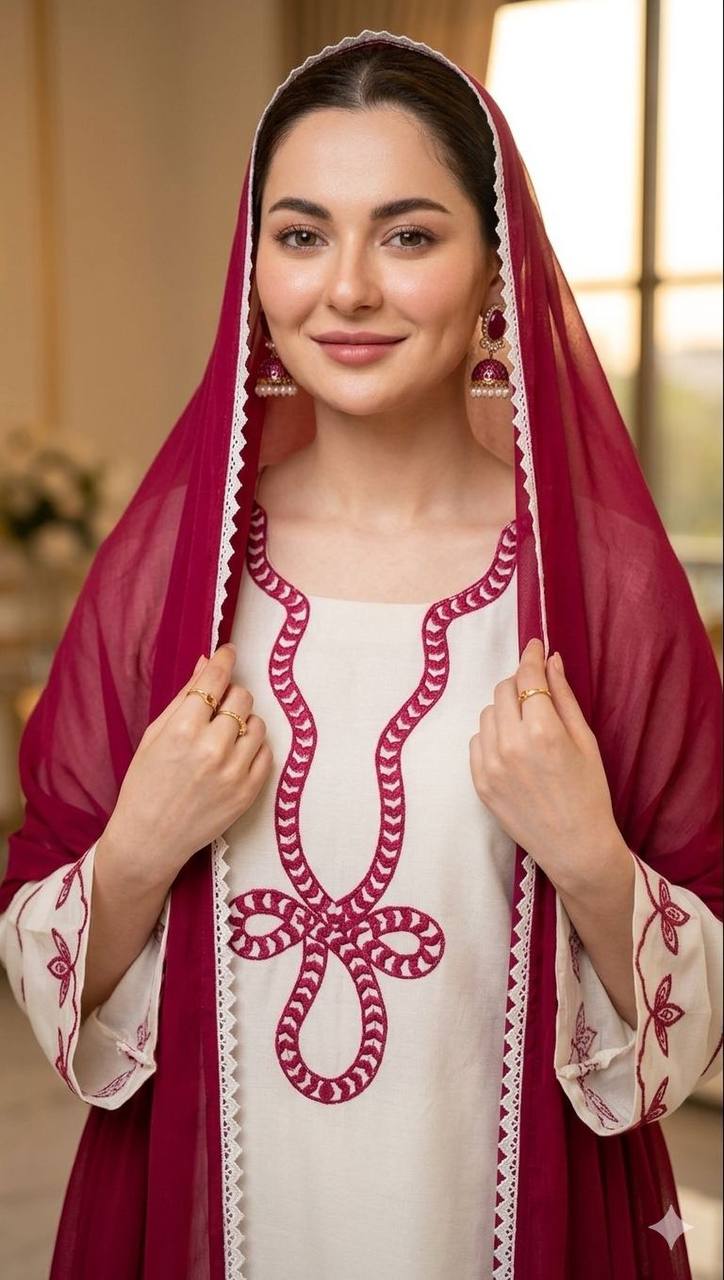 hania amir inspired this summer season wear pakistani suit with embroidered worked top, plazzo and dupatta