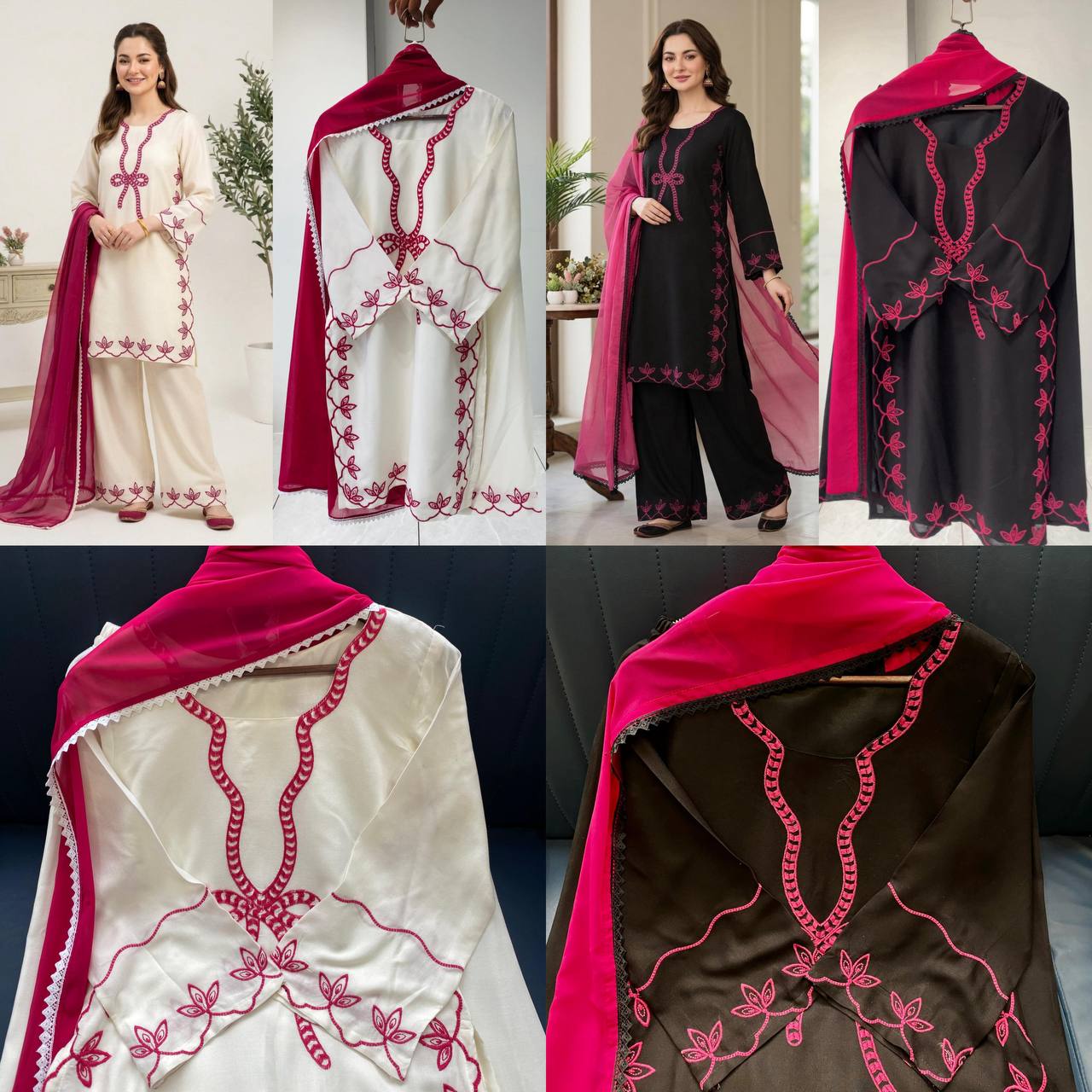 hania amir inspired this summer season wear pakistani suit with embroidered worked top, plazzo and dupatta