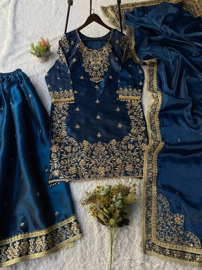 EID 🌙 EXCLUSIVE AND TRENDY FOR WEDDING SEASON OUR SEQUENCE EMBROIDERY WORKED TOP, PLAZZO AND DUPATTA IN GMY SILK