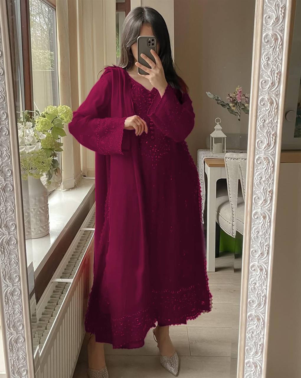 exclusive 3 piece plazzo pair with   dupatta in sequence embroidery work