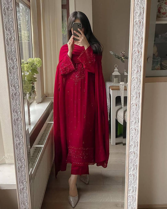 EXCLUSIVE 3 PIECE PLAZZO PAIR WITH   DUPATTA IN SEQUENCE EMBROIDERY WORK