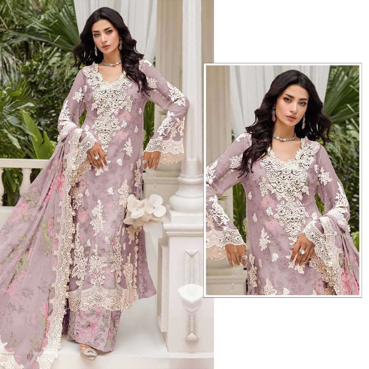 pakistani crystal chiffon embroidered suit set with khatli work & digital print dupatta | luxury party wear salwar suit