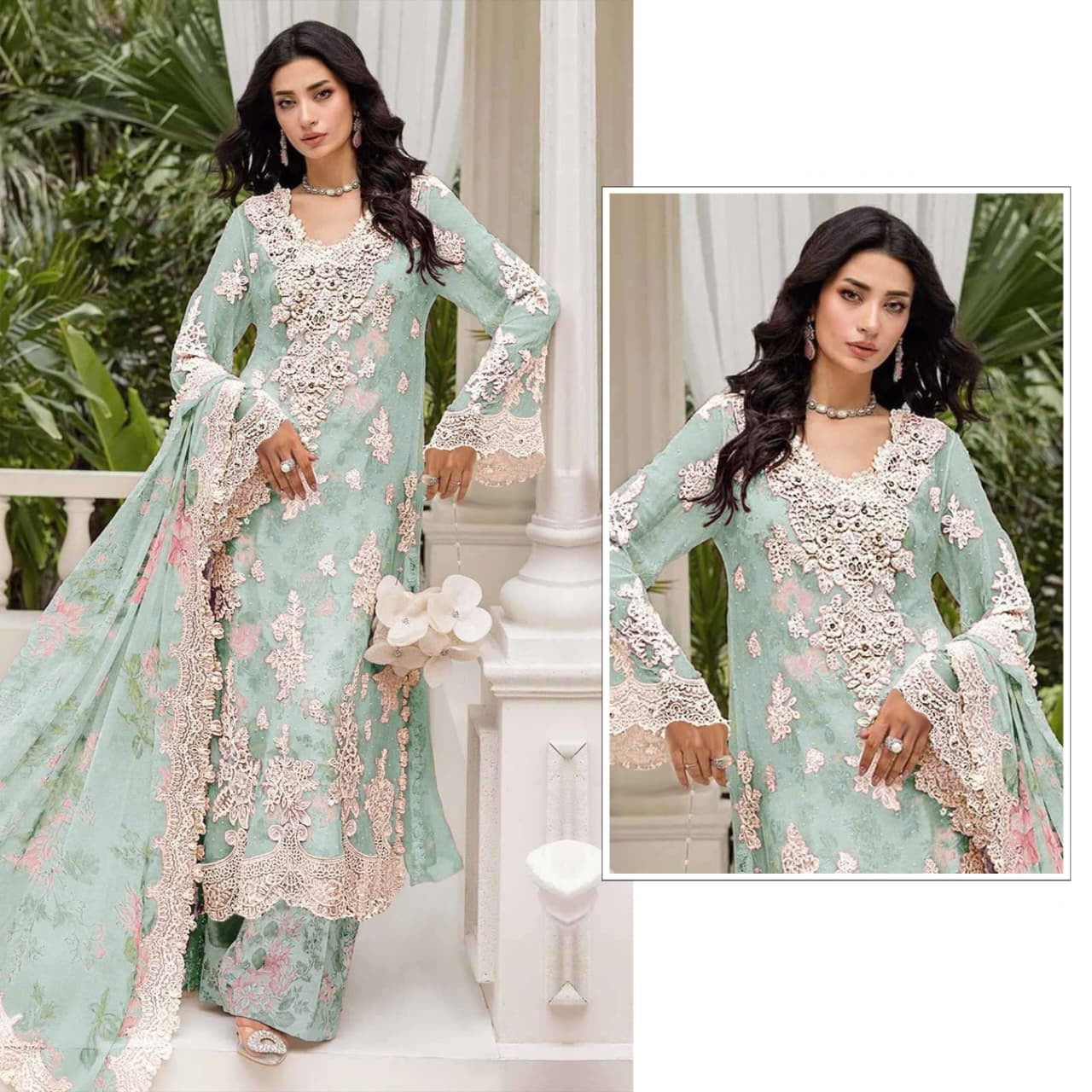 pakistani crystal chiffon embroidered suit set with khatli work & digital print dupatta | luxury party wear salwar suit