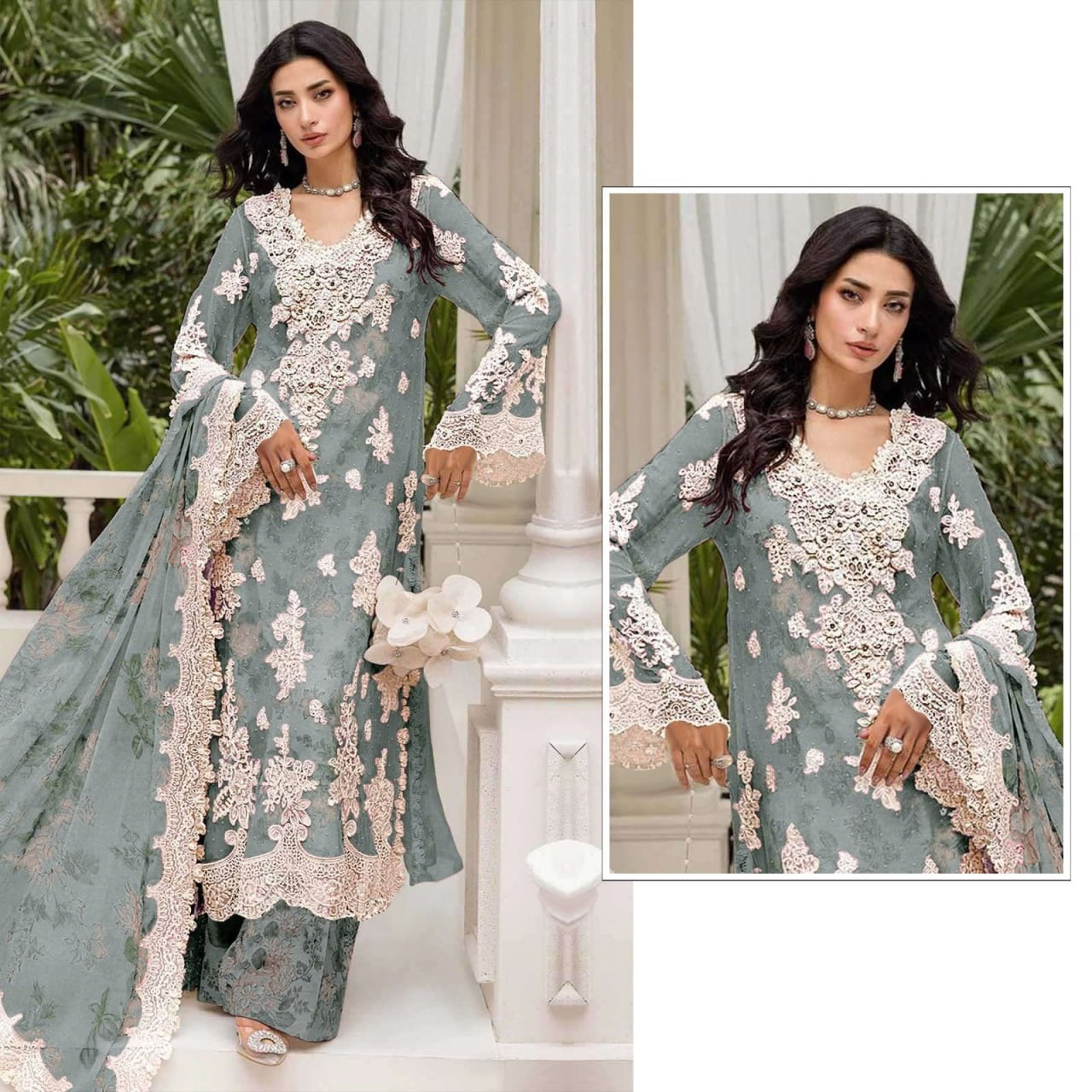 pakistani crystal chiffon embroidered suit set with khatli work & digital print dupatta | luxury party wear salwar suit