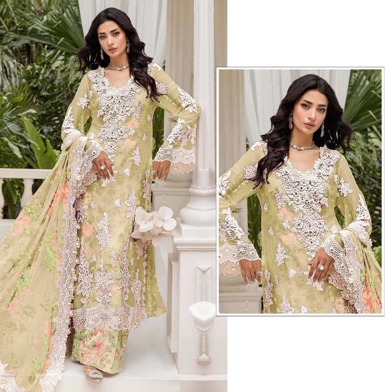 pakistani crystal chiffon embroidered suit set with khatli work & digital print dupatta | luxury party wear salwar suit