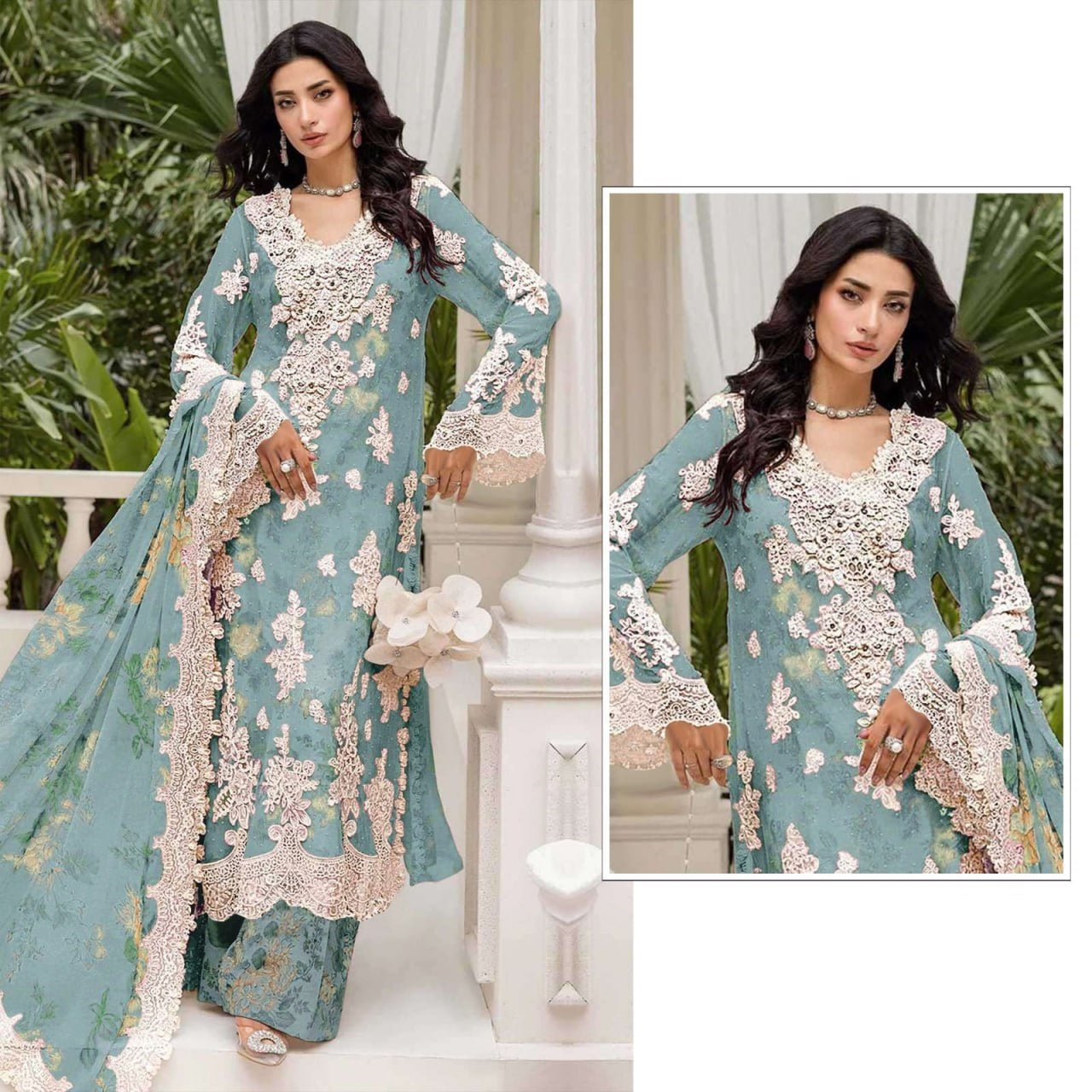 pakistani crystal chiffon embroidered suit set with khatli work & digital print dupatta | luxury party wear salwar suit
