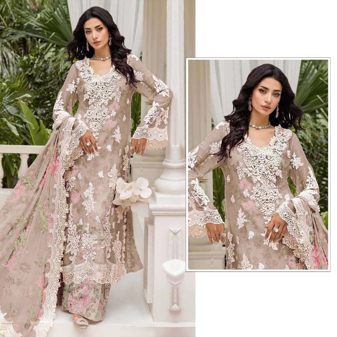 pakistani crystal chiffon embroidered suit set with khatli work & digital print dupatta | luxury party wear salwar suit