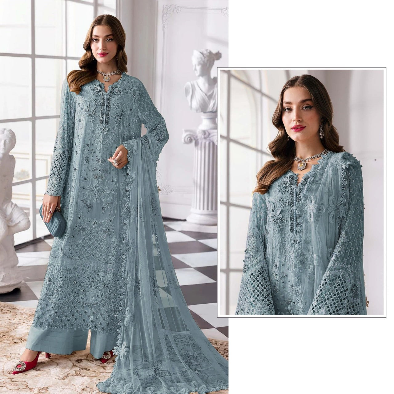 heavy fox georgette embroidered pakistani suit set with sequins & khatli work dupatta | party wear salwar suit
