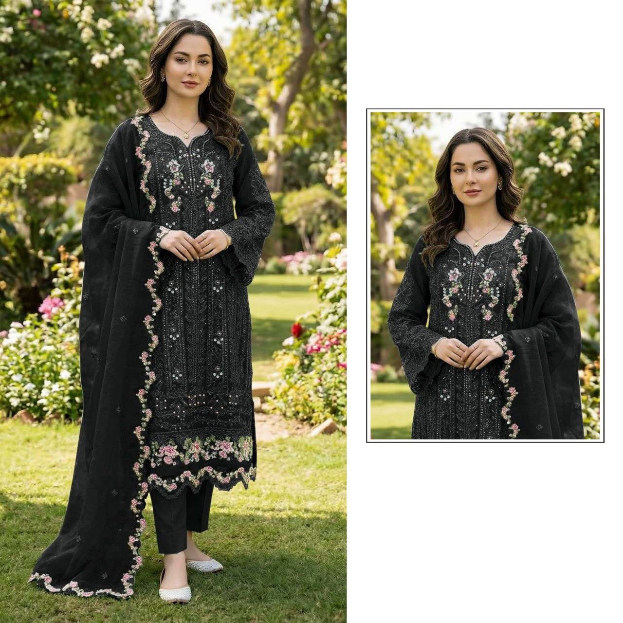 pakistani black chiffon embroidered suit set with crystal khatli work & embroidered dupatta | luxury party wear salwar suit