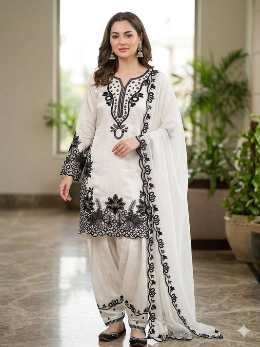 Hania Amir Inspired White Farshi Salwar Suit Set with Sequence Embroidery & Organza Dupatta | Eid Special Ethnic Wear