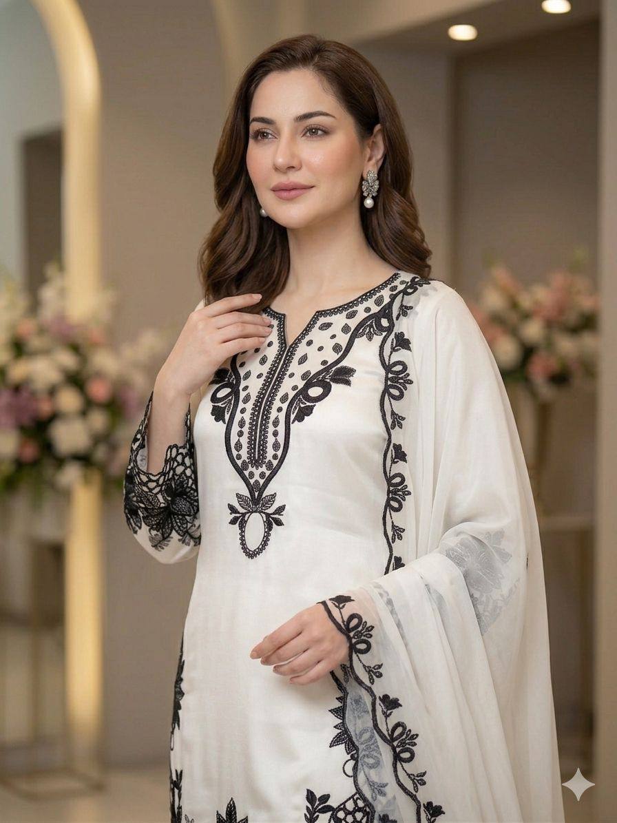 hania amir inspired white farshi salwar suit set with sequence embroidery & organza dupatta | eid special ethnic wear
