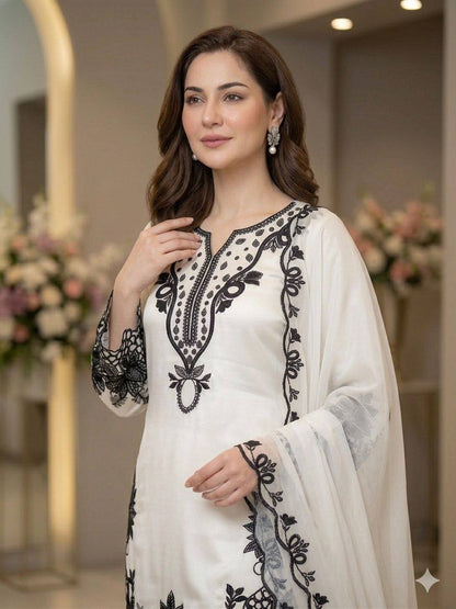 Hania Amir Inspired White Farshi Salwar Suit Set with Sequence Embroidery & Organza Dupatta | Eid Special Ethnic Wear