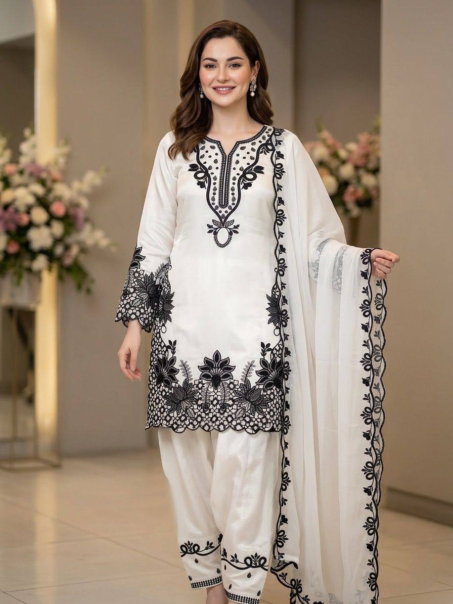 hania amir inspired white farshi salwar suit set with sequence embroidery & organza dupatta | eid special ethnic wear