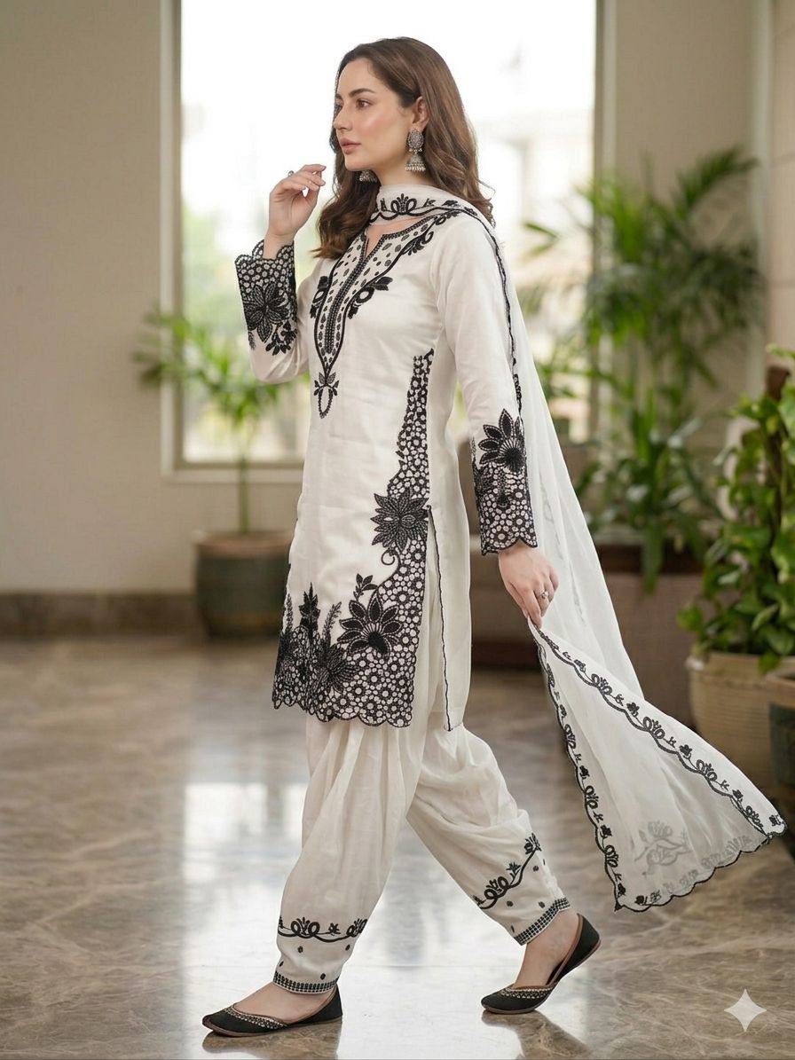 hania amir inspired white farshi salwar suit set with sequence embroidery & organza dupatta | eid special ethnic wear