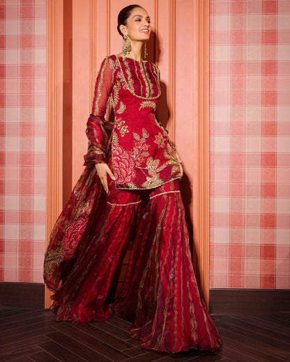 EXCLUSIVE 3 PIECE SHORT KURTI WITH SARARA PAIR WITH DUPATTA IN SEQUENCE EMBROIDERY AND REAL MIRROR WORK