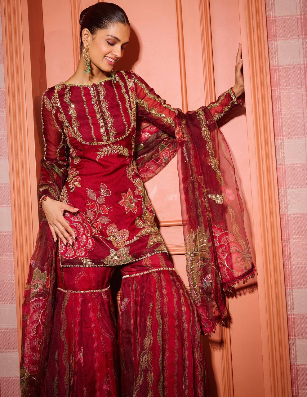 exclusive 3 piece short kurti with sarara pair with dupatta in sequence embroidery and real mirror work