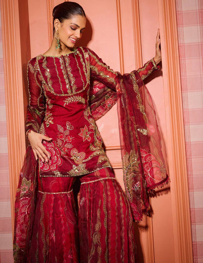 EXCLUSIVE 3 PIECE SHORT KURTI WITH SARARA PAIR WITH DUPATTA IN SEQUENCE EMBROIDERY AND REAL MIRROR WORK