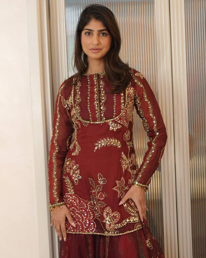 EXCLUSIVE 3 PIECE SHORT KURTI WITH SARARA PAIR WITH DUPATTA IN SEQUENCE EMBROIDERY AND REAL MIRROR WORK