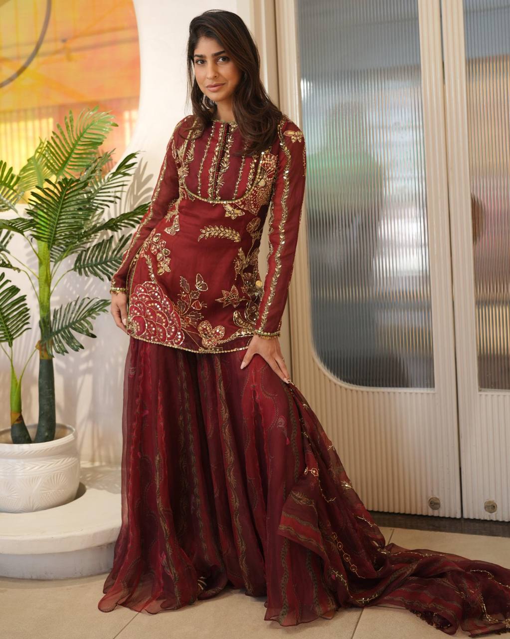 exclusive 3 piece short kurti with sarara pair with dupatta in sequence embroidery and real mirror work