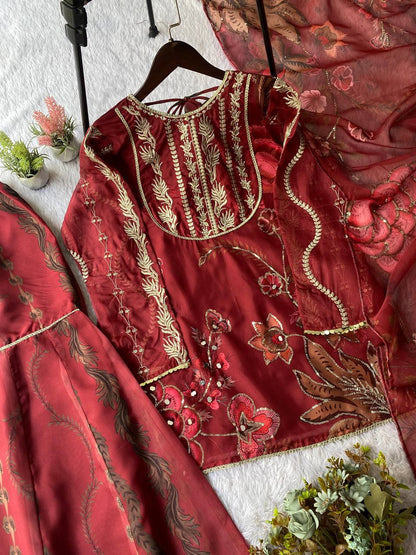 EXCLUSIVE 3 PIECE SHORT KURTI WITH SARARA PAIR WITH DUPATTA IN SEQUENCE EMBROIDERY AND REAL MIRROR WORK