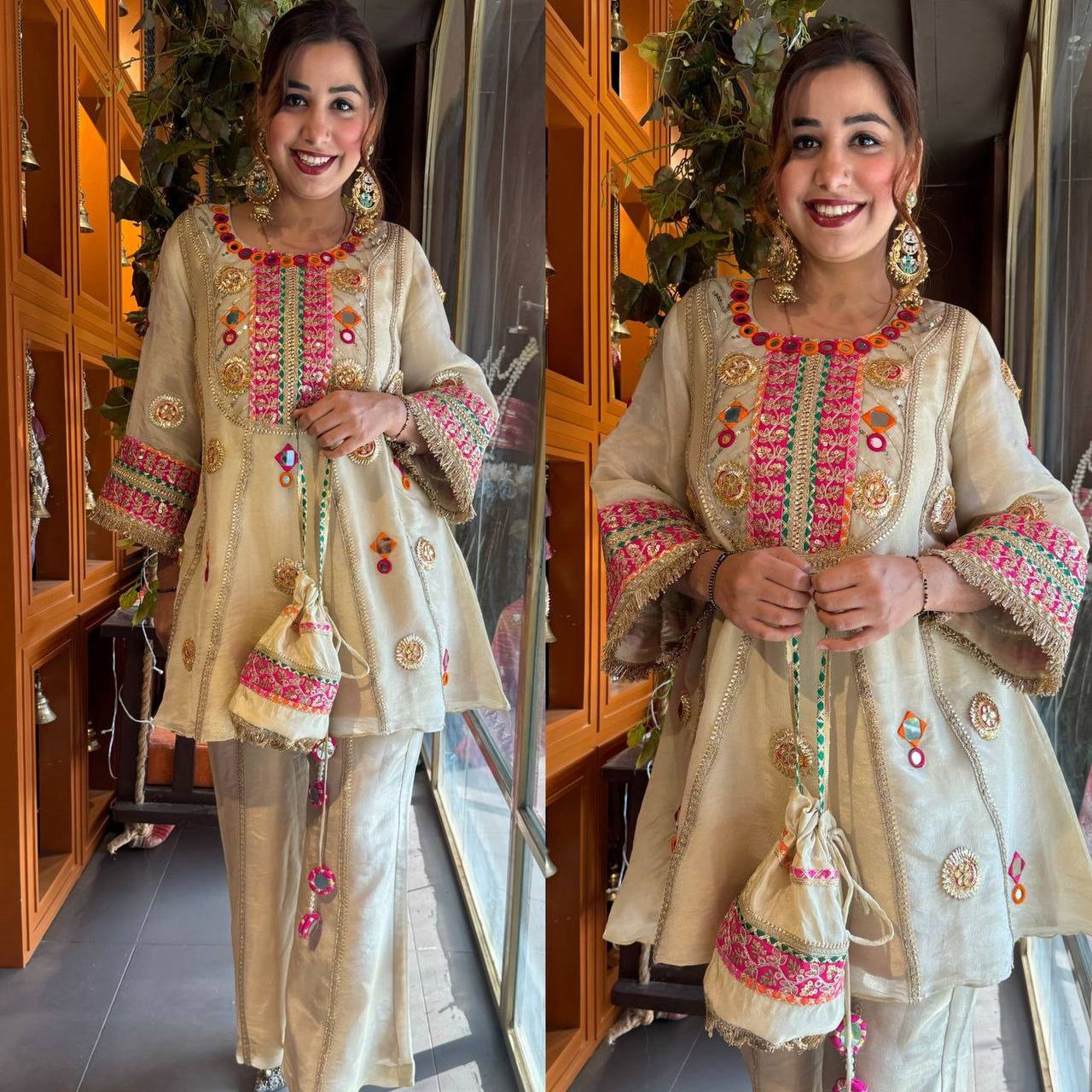 wedding special mirror work co-ord set for women with embroidered top & palazzo | festive ethnic co-ord outfit