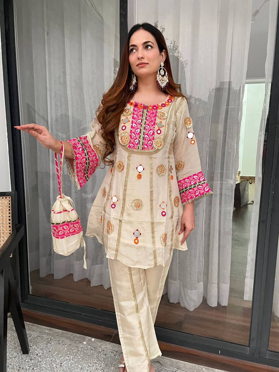 wedding special mirror work co-ord set for women with embroidered top & palazzo | festive ethnic co-ord outfit