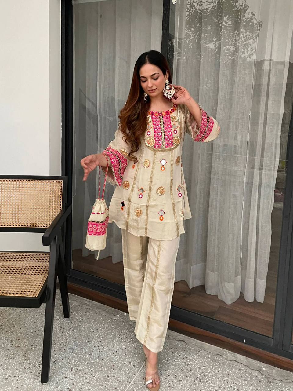 wedding special mirror work co-ord set for women with embroidered top & palazzo | festive ethnic co-ord outfit