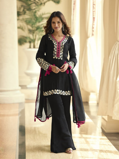 Women’s Black Vichitra Silk Suit Set with Real Mirror Hand Work & Pink Tassel Dupatta | Kurta Palazzo Dupatta Set