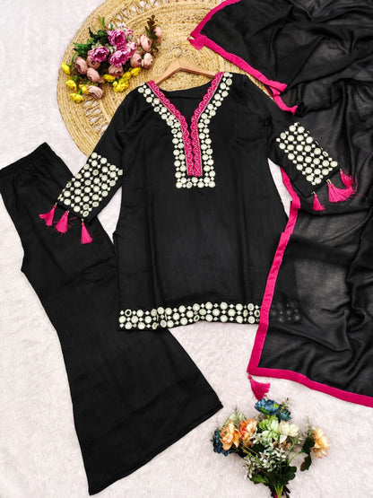 Women’s Black Vichitra Silk Suit Set with Real Mirror Hand Work & Pink Tassel Dupatta | Kurta Palazzo Dupatta Set