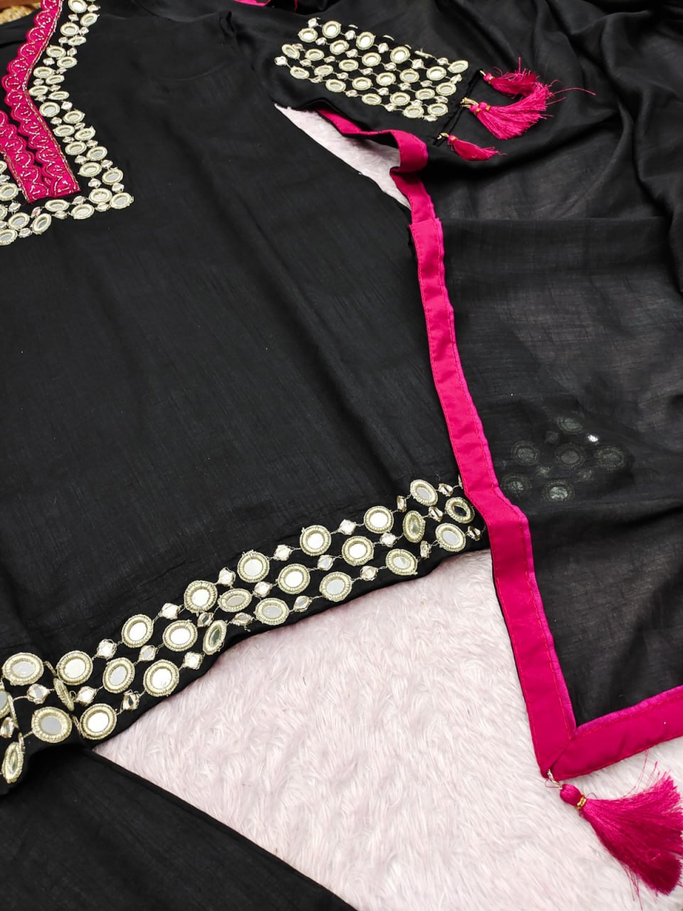 women’s black vichitra silk suit set with real mirror hand work & pink tassel dupatta | kurta palazzo dupatta set