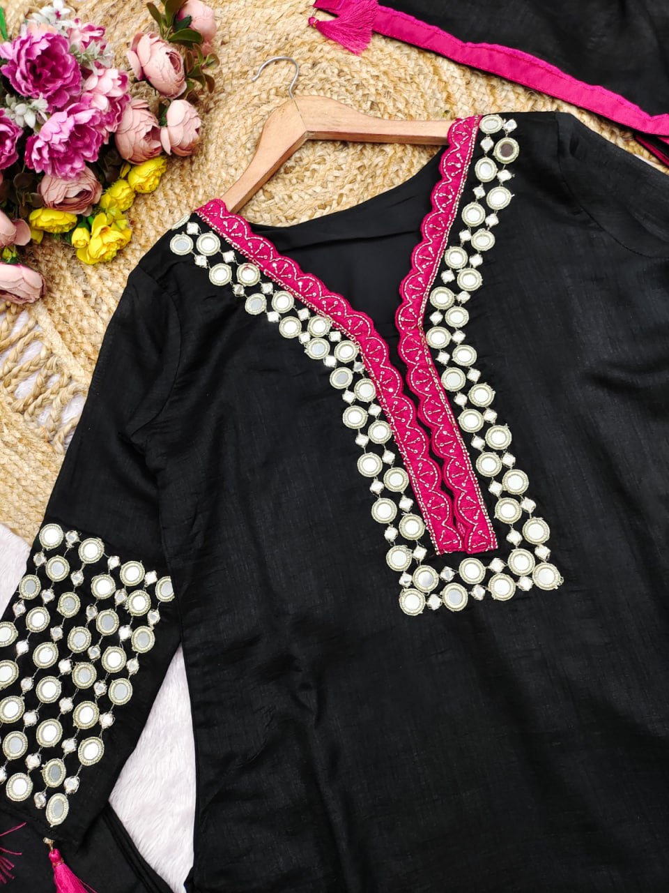 women’s black vichitra silk suit set with real mirror hand work & pink tassel dupatta | kurta palazzo dupatta set