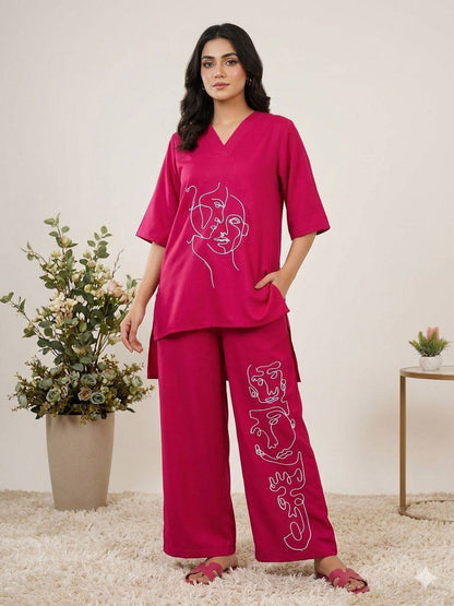 Women’s Summer Co-Ord Set in Roman Silk with Abstract Embroidery Work | Casual Lounge Wear Top & Palazzo Set