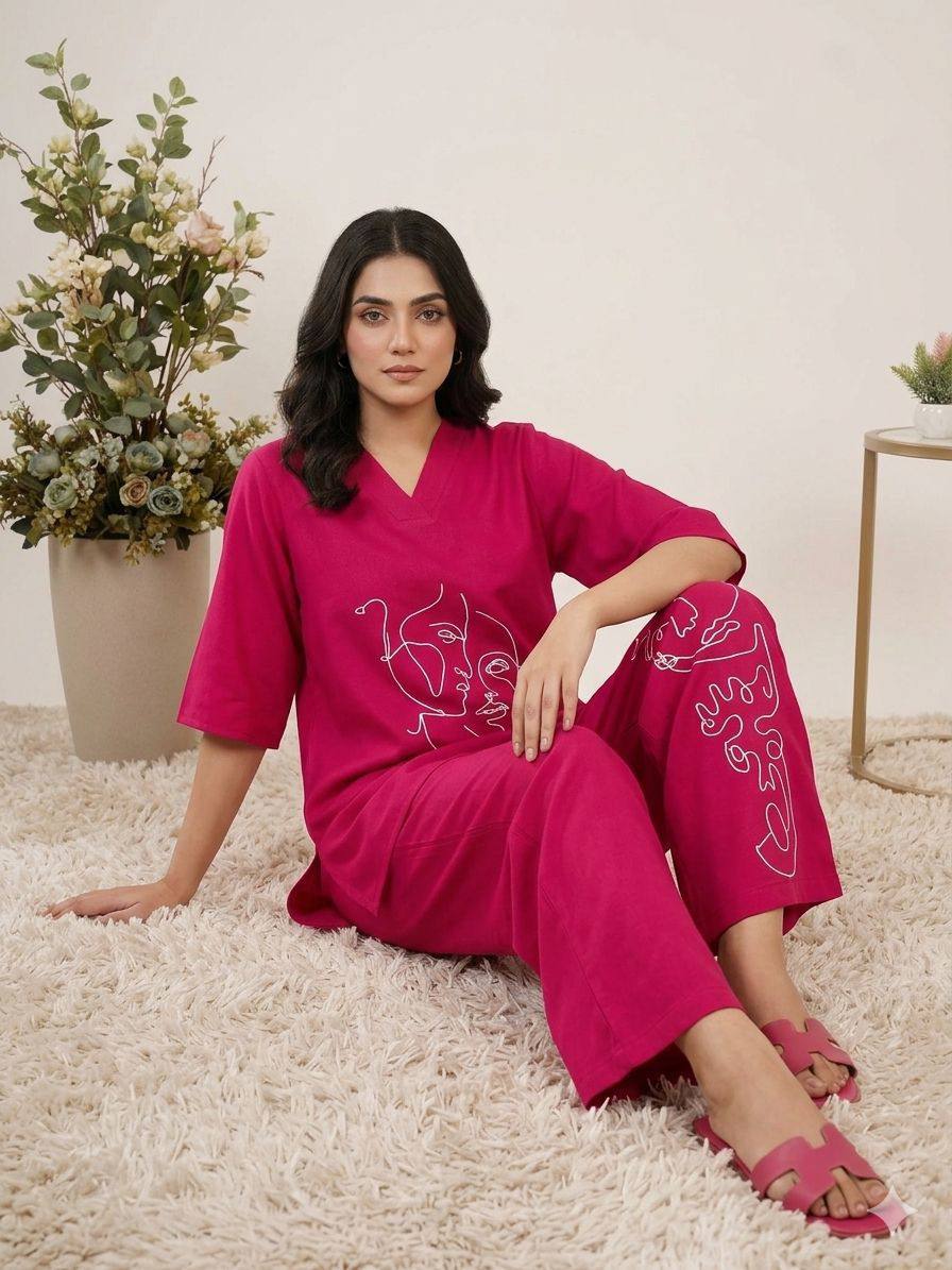 women’s summer co-ord set in roman silk with abstract embroidery work | casual lounge wear top & palazzo set