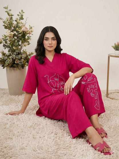 Women’s Summer Co-Ord Set in Roman Silk with Abstract Embroidery Work | Casual Lounge Wear Top & Palazzo Set